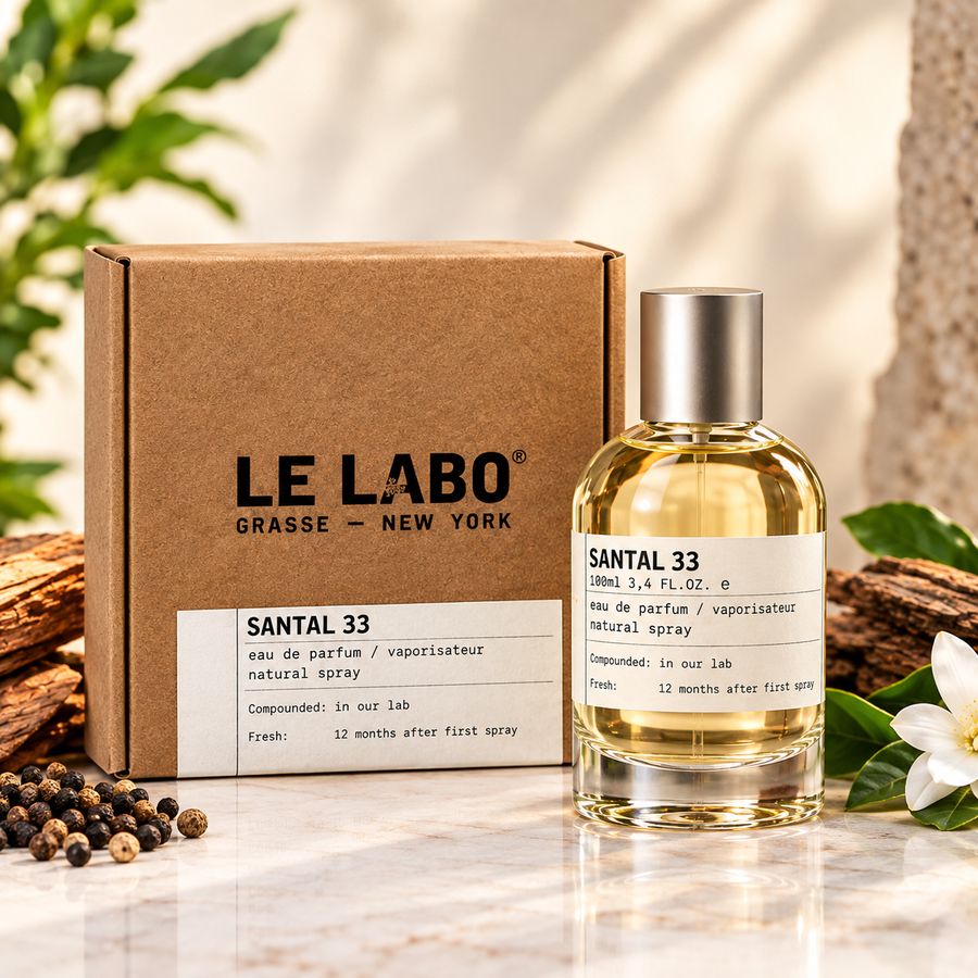 Le Labo Santal 33 Eau de Parfum 100ml / 3.4 fl oz bottle and box.