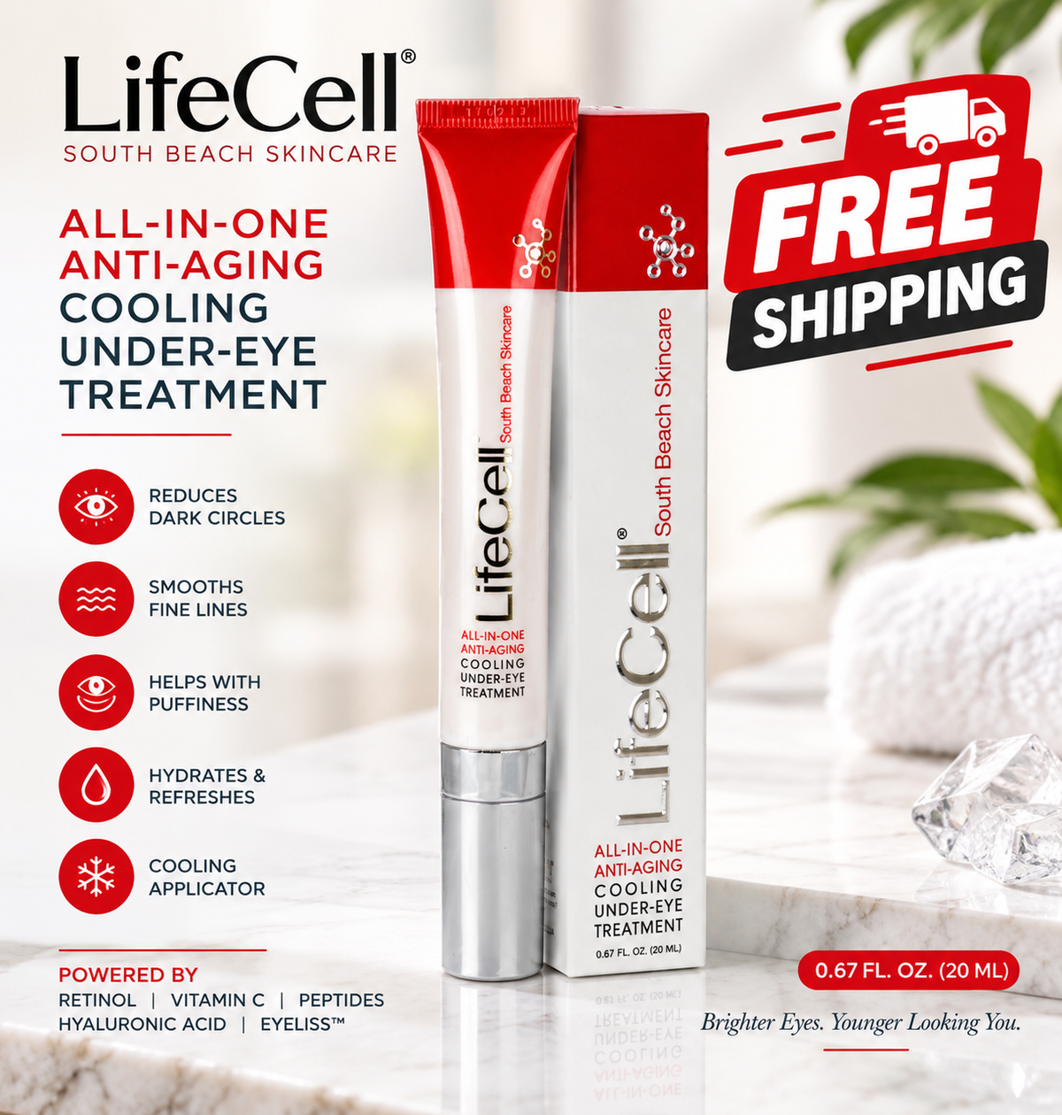 LifeCell South Beach Skincare All-In-One Anti-Aging Cooling Under-Eye Treatment 0.67 FL OZ / 20 mL