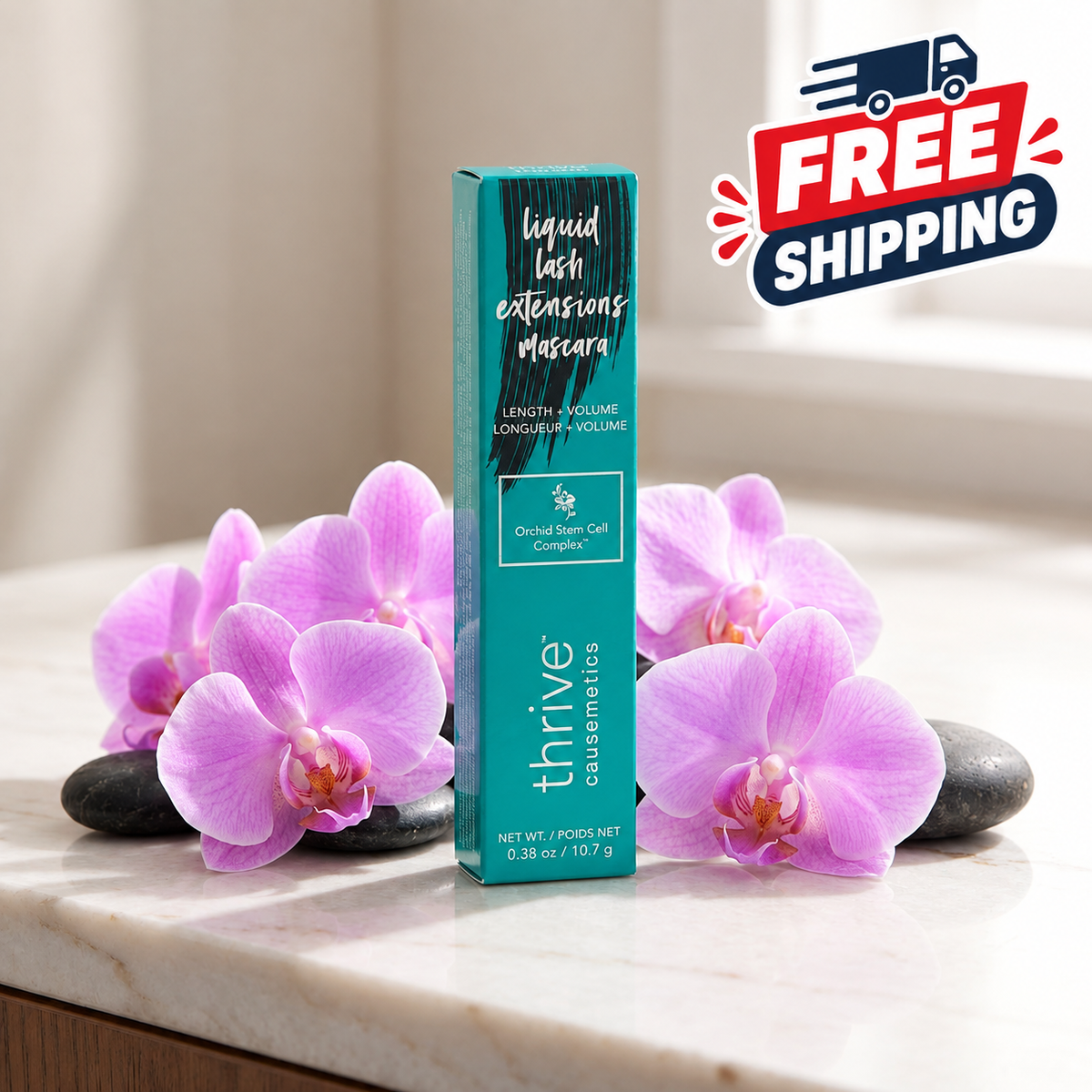 A teal box of thrive cosmetics liquid lash extensions mascara stands on a marble surface, flanked by pink orchids and dark stones. A red and blue 'FREE SHIPPING' graphic overlay appears in the top right corner.