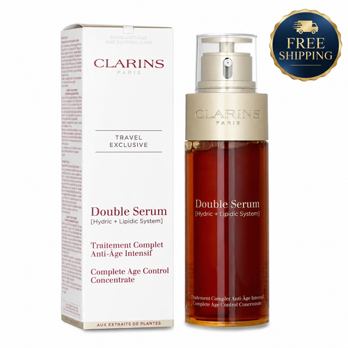 Clarins Double Serum anti-age treatment shown with its white and beige packaging box and the amber glass pump bottle, featuring a blue 'Free Shipping' badge on a white background.