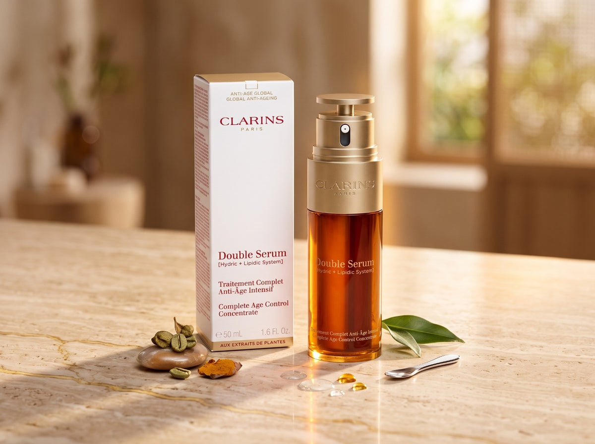 Clarins Double Serum anti-ageing complete age control concentrate 50ml bottle and box.