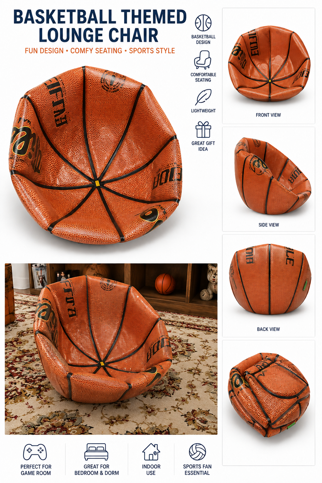 Basketball Themed Folding Lounge Chair – Orange Sports Design Indoor