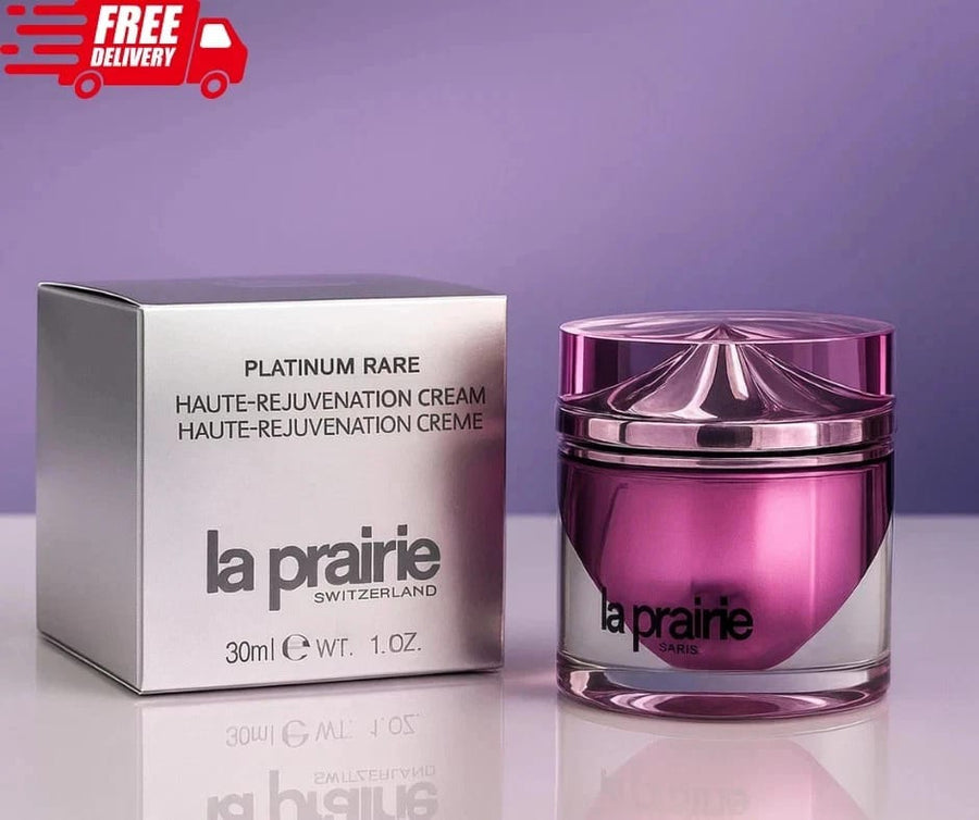 La Prairie Platinum Rare Haute-Rejuvenation Cream 30ml / 1 oz purple jar and box.