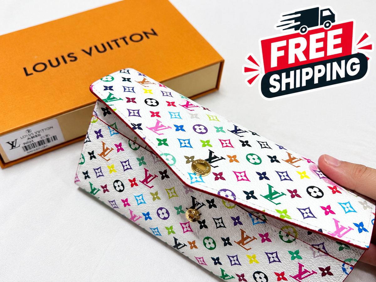 A Louis Vuitton monogram wallet or clutch with a white base and multicolor LV print, held by a hand. The orange Louis Vuitton box is visible in the background, and a 'FREE SHIPPING' graphic overlay is in the top right corner.