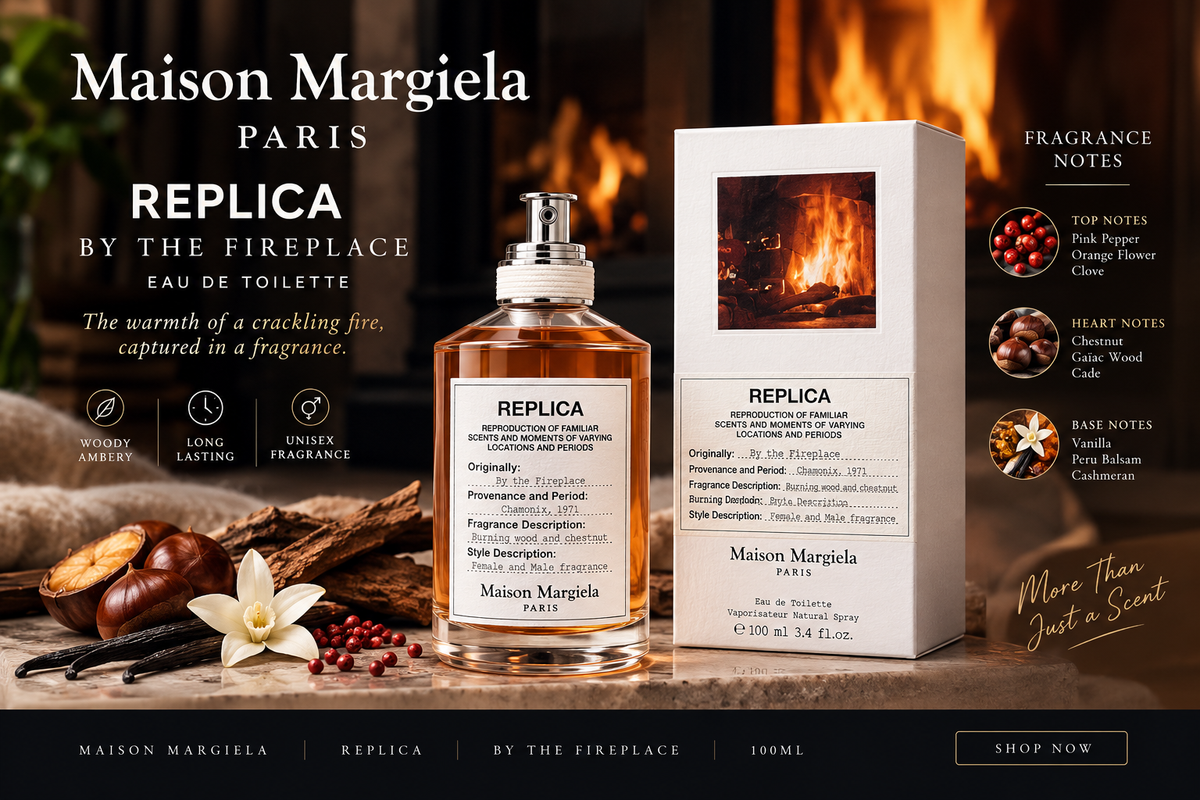 Maison Margiela Replica 'By the Fireplace' Eau de Toilette fragrance bottle and its packaging box, set against a warm fire background with vanilla beans, chestnuts, and a white flower.